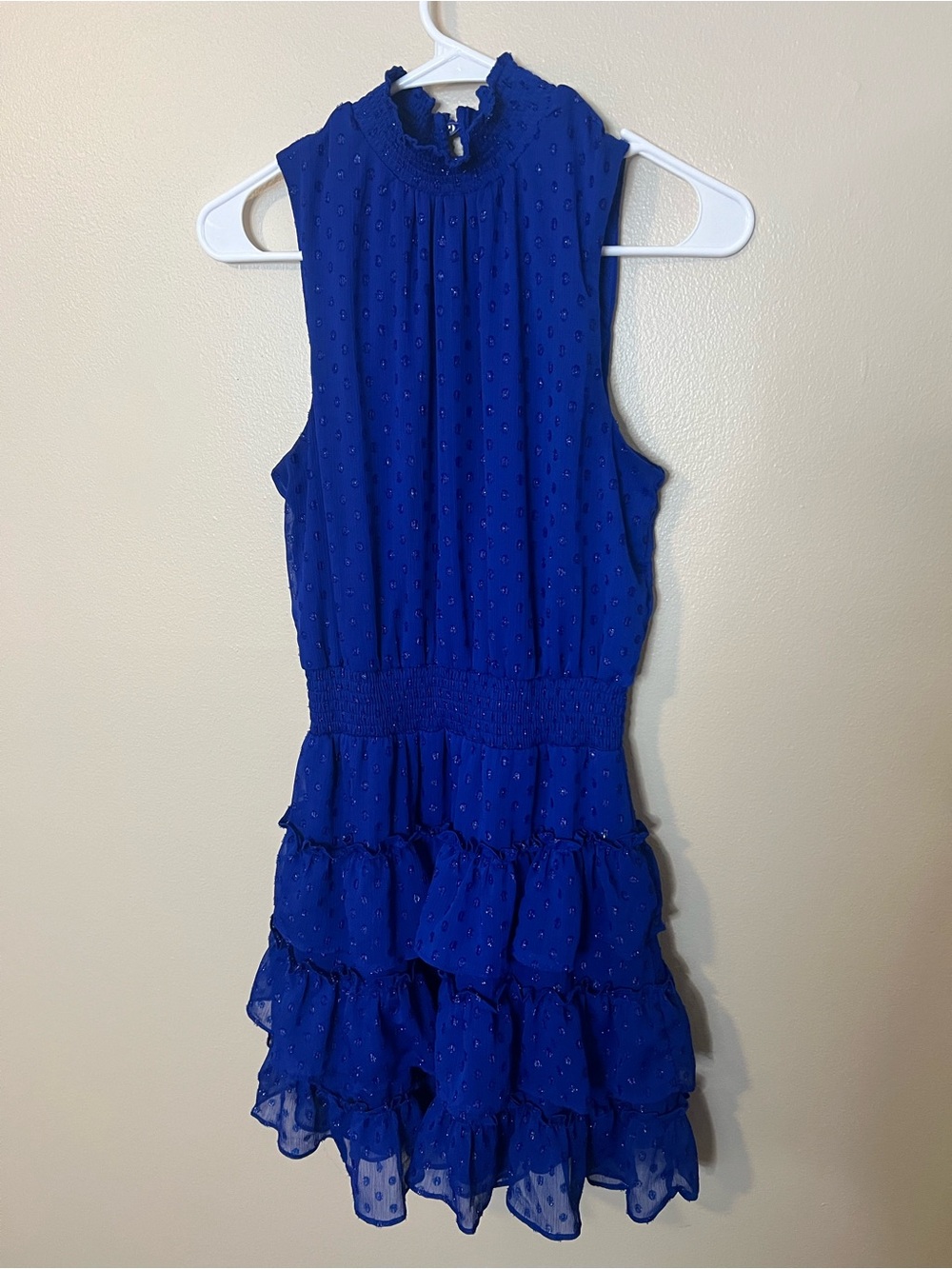 MSK Cobalt Blue Sleeveless Dress With Ruffled Collar And Tiered Ruffled Skirt